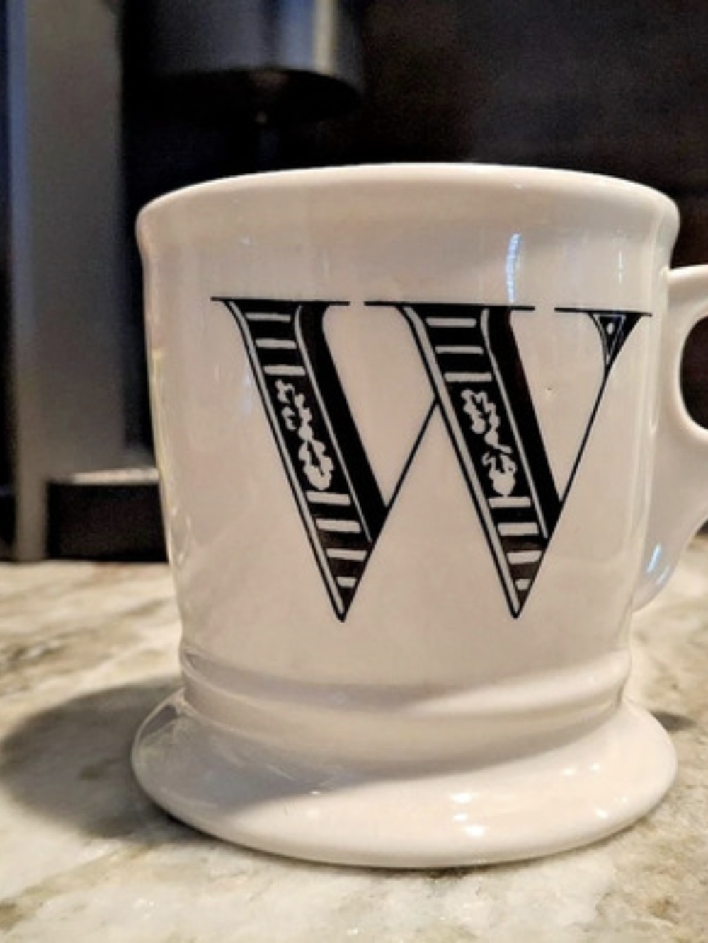 Anthropologie Monogram Mug Letter "W" Coffee Cup White Blk Initial Shaving Style